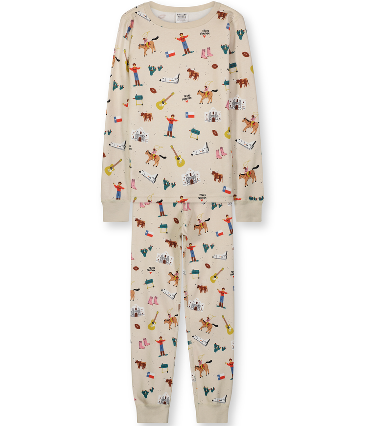 Two Piece Long Sleeves and Top Kid Pajama Set. Comfortable and Cozy with Ribbed Cuffs. 100% Organic Cotton with Fun Texas Themed Graphics. Long John Two Piece Combed Rib Knit Wear. Stylish and Fashionable Ethically Made Sleepwear.