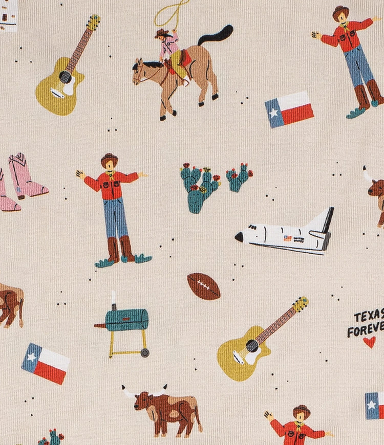 Close Up View of Fun Texas Themed Graphics Illustrated on Sleepwear. Includes Cowboy and Cowgirl Boots, Texas Flag, Cowboy, Rodeo, and Many Many More.