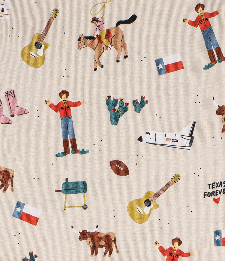 Close-Up of Adult Unisex Goodnight Texas Print - Colorful Design Featuring Texas Flag, Grill, Cowboy, and Boots