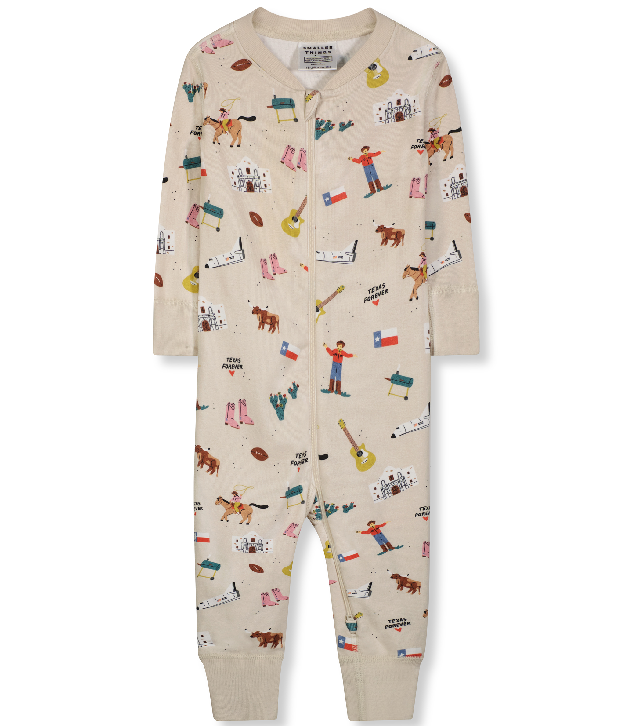 One Piece Zip-up Baby and Toddler Sleepwear. Comfortable and Cozy with Ribbed Cuffs. 100% Organic Cotton with Fun Texas Themed Graphics. Long Sleeve One Piece Combed Rib Knit Wear.