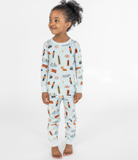 The Goodnight, London pajamas set on a 4 year old girl.  This 100% organic cotton pajama set features unique artist illustrations of London.