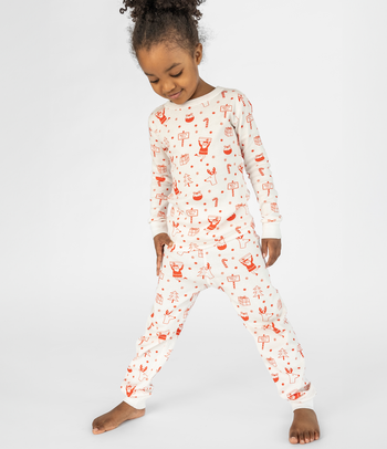 White with Fun Red North Pole-themed Graphics, Long Sleeves Top and Pants, Comfortable and Cozy Sleepwear for Kids. Long John Two-Piece Set. 100% Organic Cotton.