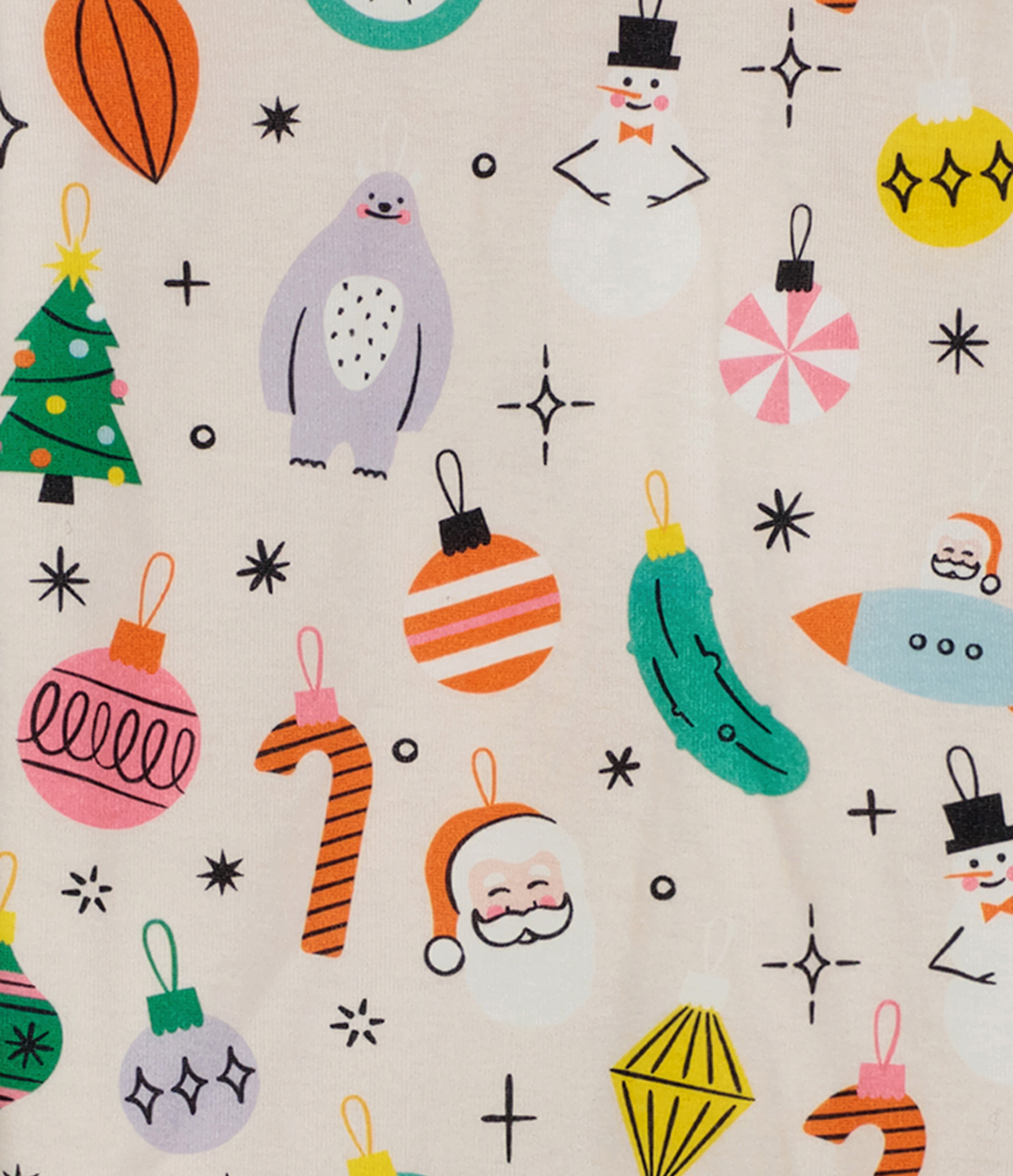 Closeup image of the Vintage Ornament print.  This colorful print features Jack Frost, Santa Clause, Christmas Trees, candy canes, and the lucky Pickle.