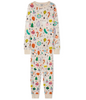 Product image of the long sleeve pajama set including top and bottom.  Artist Illustrations of the vintage ornaments including a pickle ornament and Saint Nick,