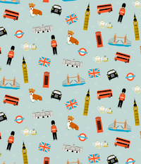 Closeup image of the Smaller Things London themed print.  It includes fun illustrations of a telephone booth, British flag, Big Ben, taxis, and iconic Double-decker bus.