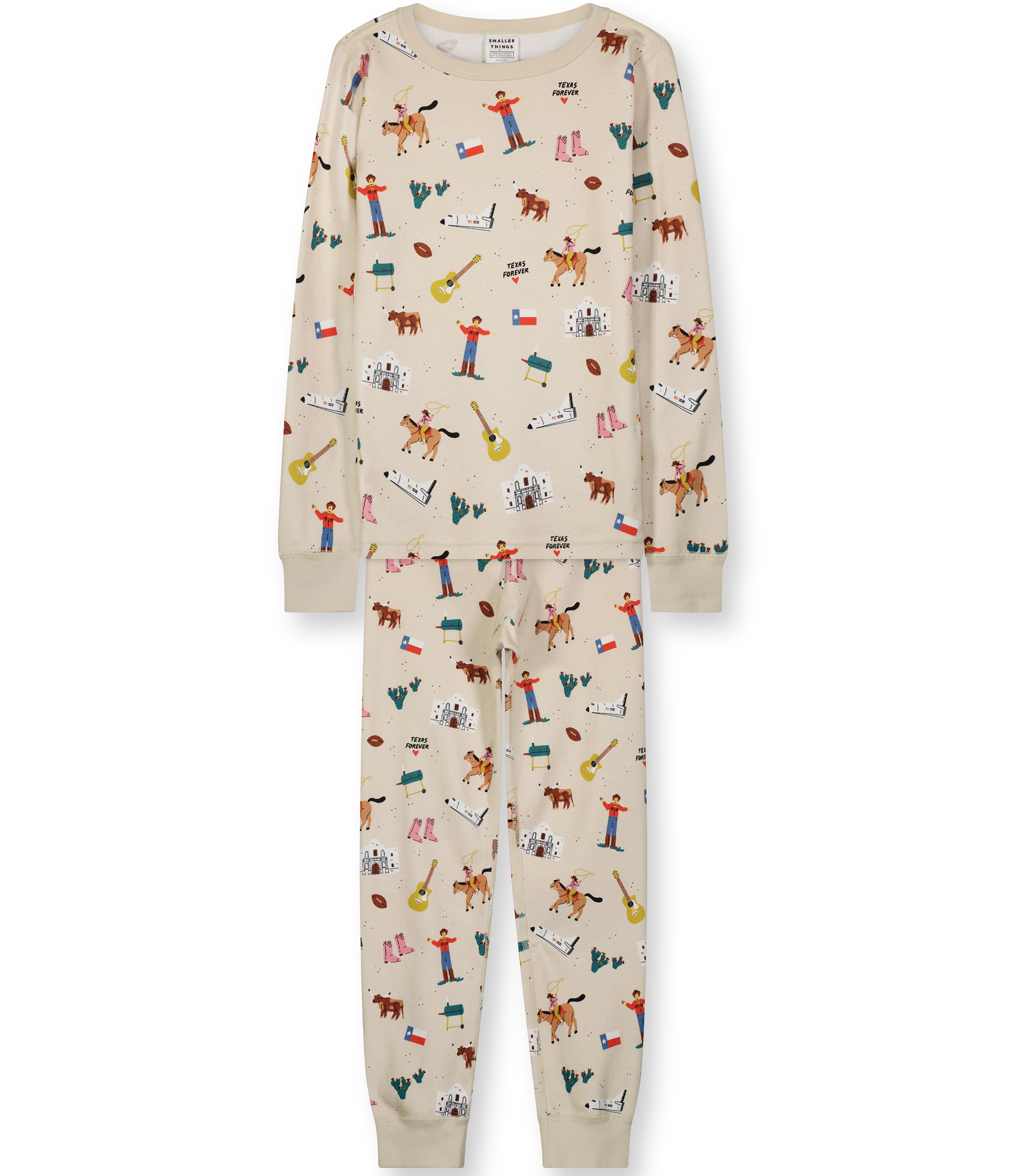 Smaller Things Goodnight, Texas.  One-of-a-kind artist illustrated pajamas set featuring all the favorite Texas icons. 100% Organic Cotton and ethically-made.